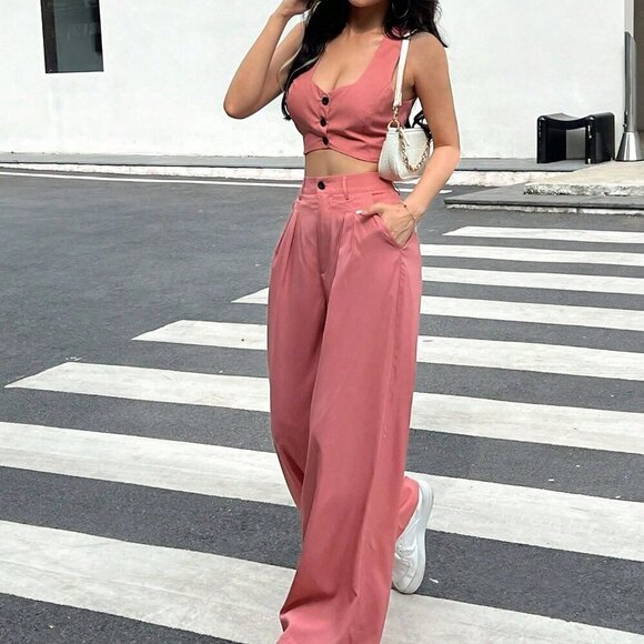 Pink Casual Women's Sleeveless Single-Breasted Cropped Vest And Wide-Leg Pants